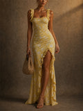Womens Floral Smocked Ruffle High Slit Boho Summer Dress