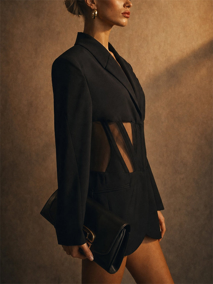 Women Sexy Black Mesh Corset Hook Eye Waist Blazer