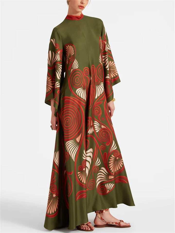 Women's Holiday Style Print Stand Collar V-neck 3/4 Sleeve Maxi Dress