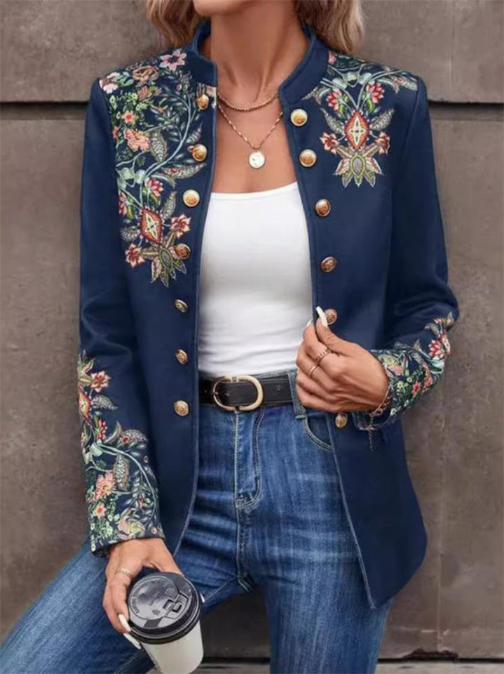 Women's Plants Printed Double-breasted Long Sleeve Cardigan Jackets