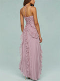 Women's Elegant Solid Color Ruffled Pleated Halter Evening Dress