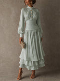 Women High Neck Long Sleeve Ruched Tiered Metallic Maxi Dress