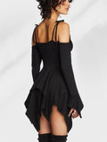 Irregular Hem Hollow Shoulder Long Sleeve Gothic Mini Dress for Women
