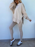 Women's Autumn Loose Solid Color Round Neck Split Hem Sweatshirts & Sweatpants Outfit