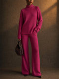 Women 2 Piece Cozy Ribbed Knit Turtleneck Top and Wide Leg Pants Set