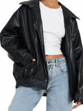‌Stylish Faux Leather Lapel Oversized Moto Jacket for Women