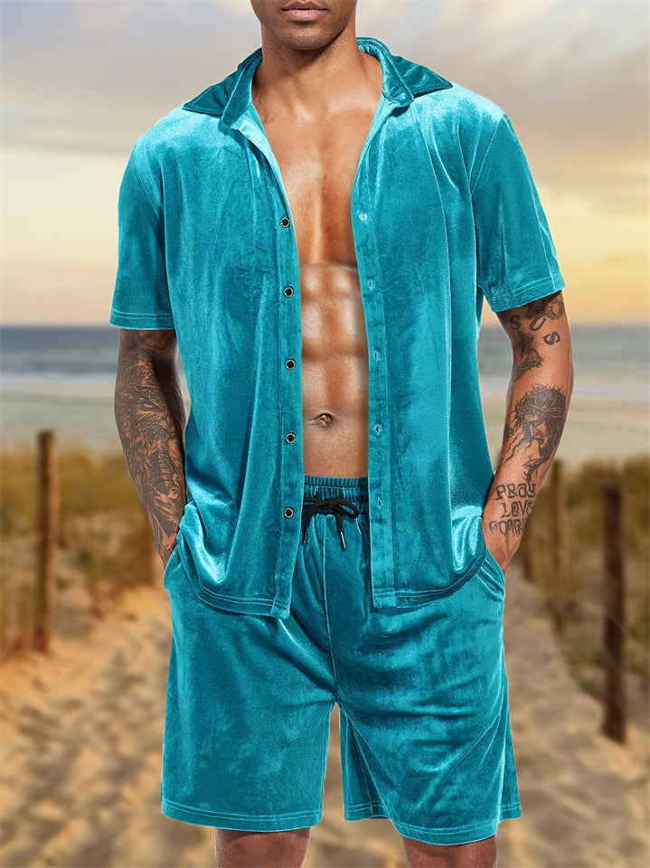 Summer Short Sleeved Button Up Velvet Outfits for Men