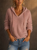 Women Fuzzy V Neck Soft Cozy Pullover Hoodie Top