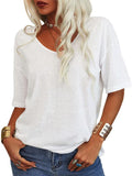 Women's Casual Simple Candy Color V Neck Short Sleeve Shirts