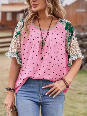 Women's Summer Tiny Heart Print Patchwork Short Sleeve Shirts