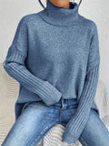 Plus Size Ladies' Blue High Neck Drop Shoulder Asymmetric Hem Sweaters
