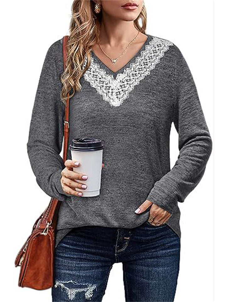 Women's Elegant White Lace V Neck  Solid Color Long Sleeve Shirt
