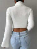 ‌White Autumn High-Neck Fuzzy Long-Sleeve Women's Knit Cropped Sweaters