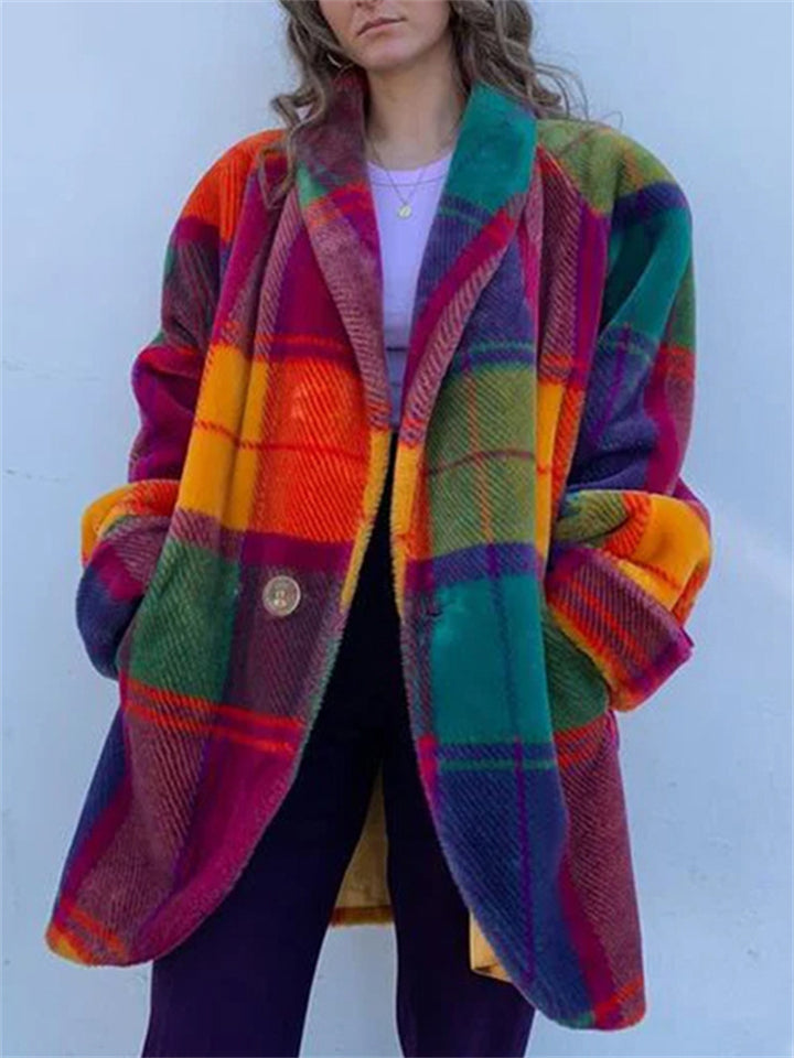 Women's Autumn Contrast Color Plaid Lapel Single Breasted Coats