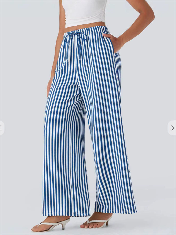 Women's Casual Striped Mid-Rise Drawstring Wide Leg Pants