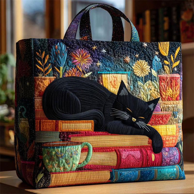 ‌Colorful Book and Cat Pattern Quilted Canvas Tote Bag