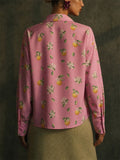 Women Pink Lemon Print Long Sleeve Button Down Pocket Blouses