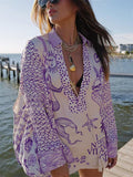Women's 2pcs Summer Print Long Sleeve Satin Top & Short Pants Set