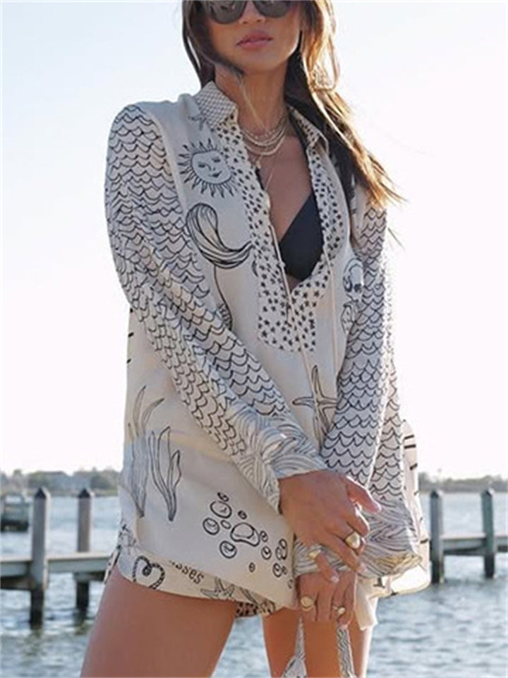 Women's 2pcs Summer Print Long Sleeve Satin Top & Short Pants Set