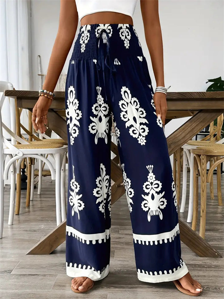 Women's Ethnic Style Printed High Waist Drawstring Wide Leg Pants