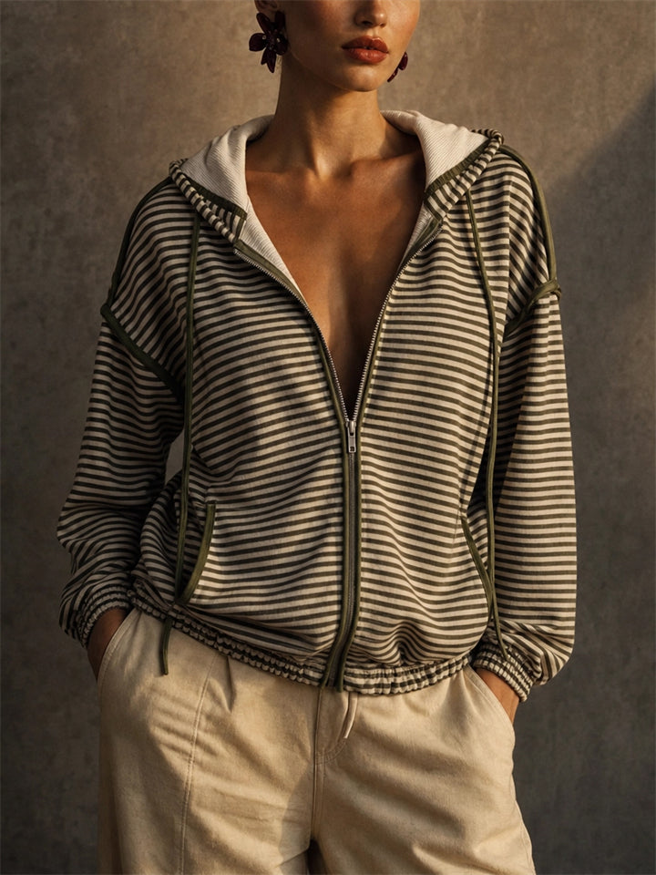 Womens Casual Striped Zip Up Hoodie Oversized Sweatshirts