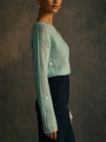 Womens Sequin Pointelle Knit Sweater Fuzzy Open Work Top