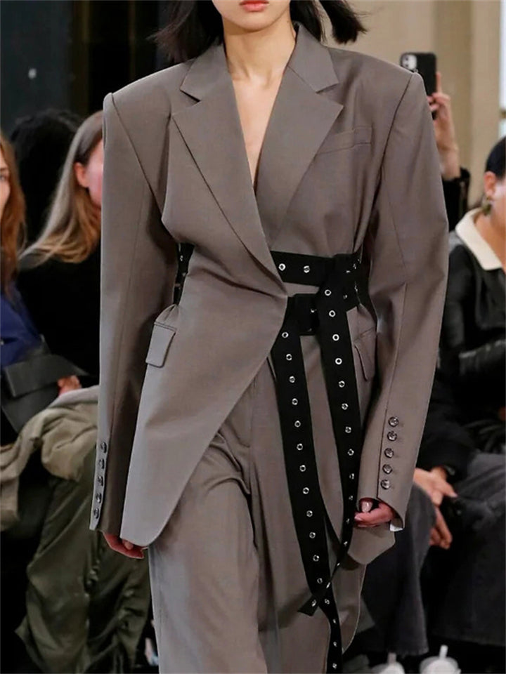 Women's Gray V-neck Long Sleeve Tie-waist Suit Coat