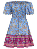 Bohemian Off Shoulder Puff Sleeve Print Beach Dress for Lady