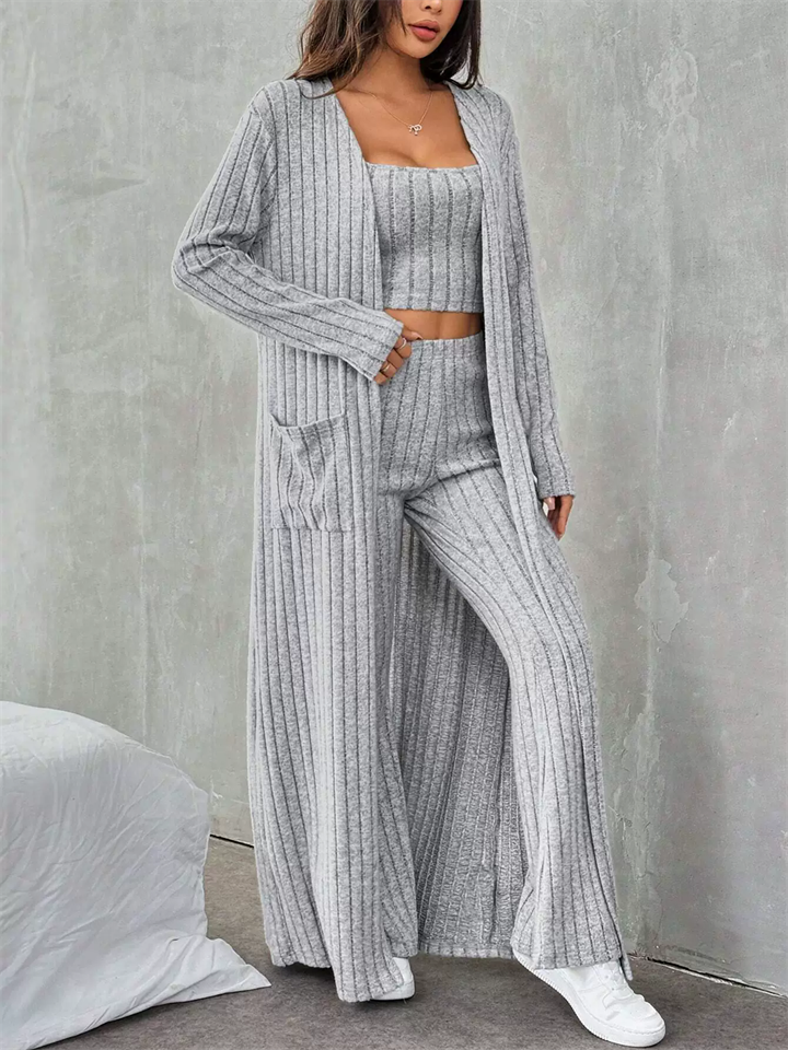 Women's Casual Home Comfy Gray Striped Knitted 3-Piece Set
