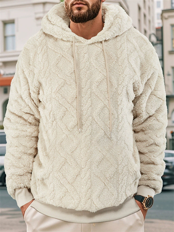 Men's Autumn Solid Color Rhombus Pattern Pullover Fleece Hoodie