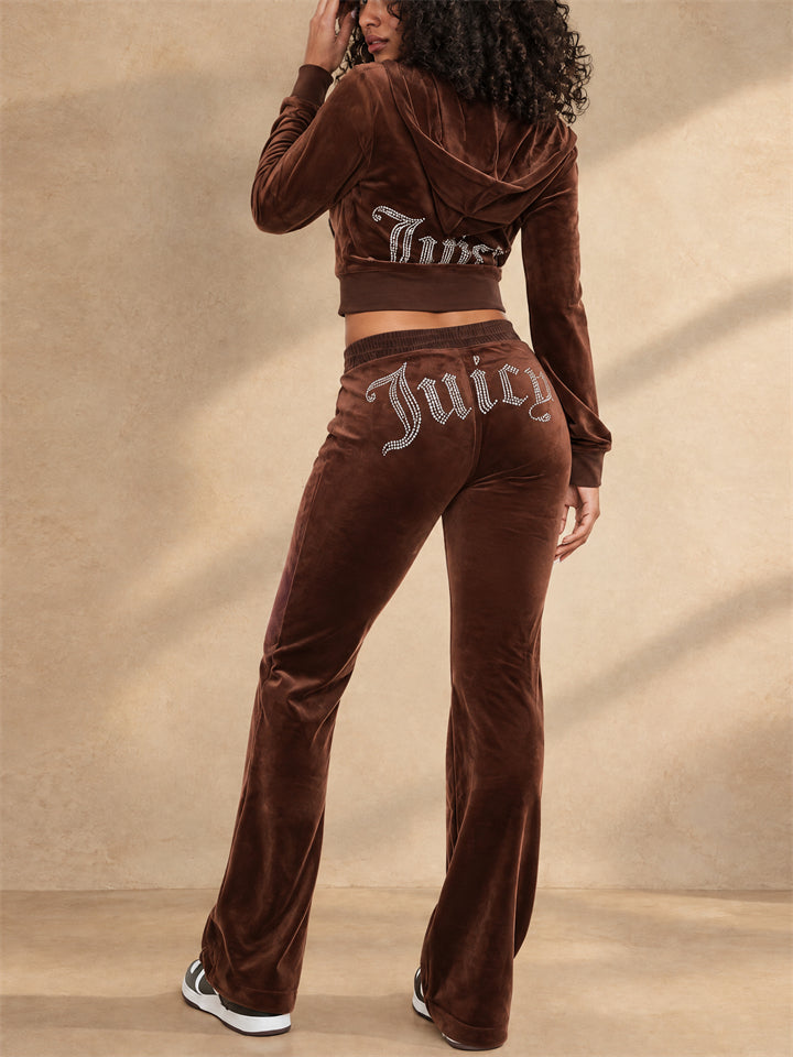 Women Velvet Y2K 2 Piece Set Hoodie and Flare Pants Tracksuit