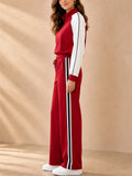 Women Lounge Wear Half Zip Red Stripe Tracksuit Set