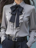 Ladies' Elegant Solid Color Lace-up Bow Ruffled Long Sleeve Blouses