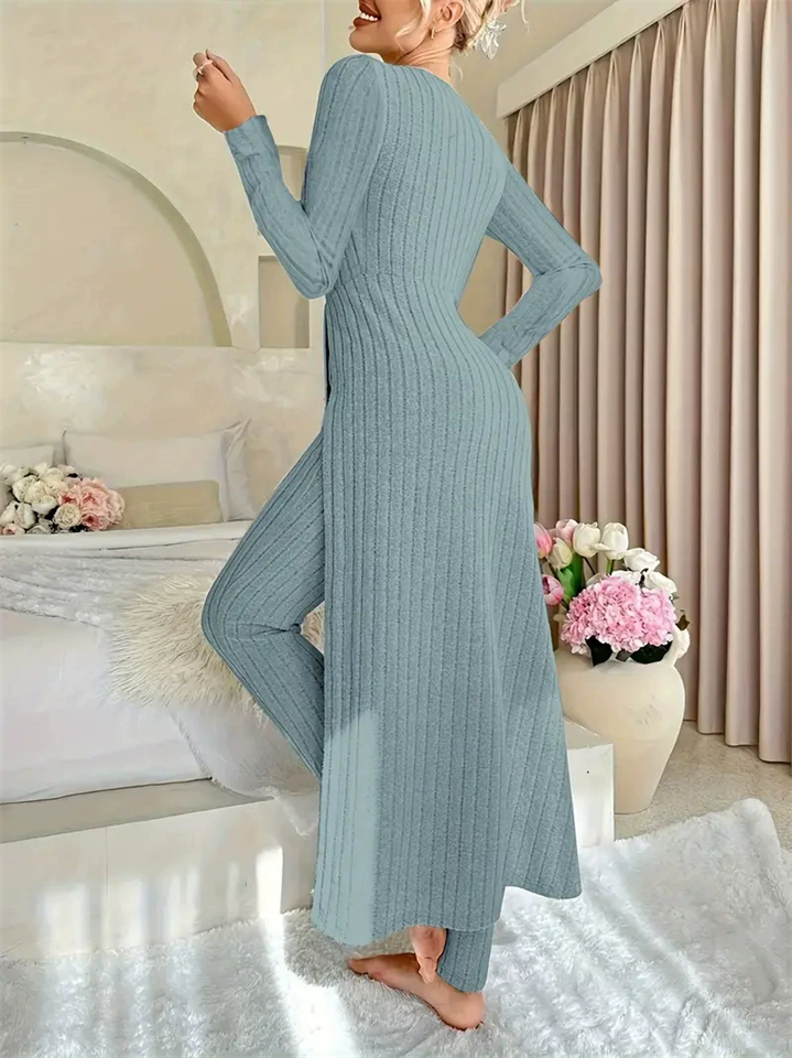 Women's Round Neck Long Sleeve Split Ribbed Knit Top and Pants Set