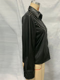 Women's Black Drilling Faux Leather Lapel Long Sleeve Blouses