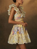 Women Floral V Neck Ruffle Sleeve Backless Boho Mini Dress
