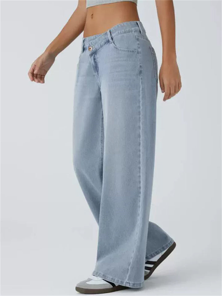 Women's Solid Color Criss-Cross Waist Wide Leg Denim Pants