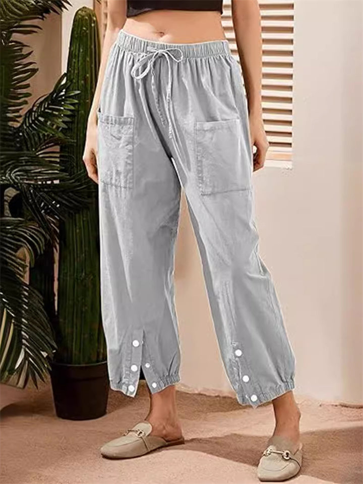 Women's Cotton Linen Buttoned Hem Pants with Pockets