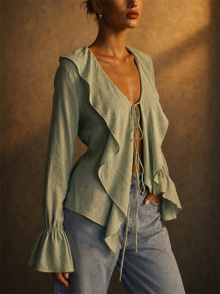 Women's Grunge Style Lace Up Ruffle Flare Sleeve V-Neck Blouses