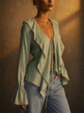 Women's Grunge Style Lace Up Ruffle Flare Sleeve V-Neck Blouses