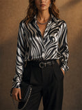 Womens Abstract Zebra Satin Button Down Long Sleeve Blouse