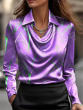 Elegant Geometric Print Turn-Down Collar Satin Blouse for Women