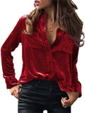Ladies' Casual Solid Color Lapel Button Up Long Sleeve Corduroy Blouses