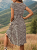 Female Popular Waist Lacing Cap Sleeve Printed Dresses