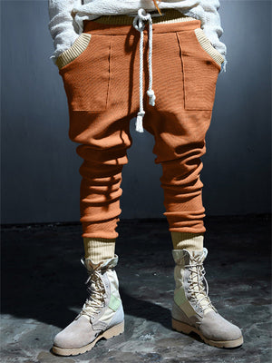 Trendy Contrast Color Drawstring Knitted Casual Pants for Men