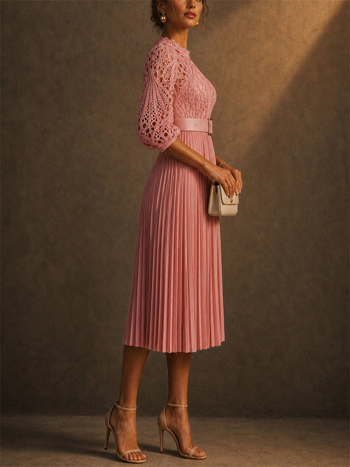 Women Hollowed Lace Puff Sleeve Belted Pleated Formal Midi Dress