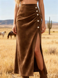 ‌Autumn Elegant High Waist Button Suede Split Skirt for Women‌