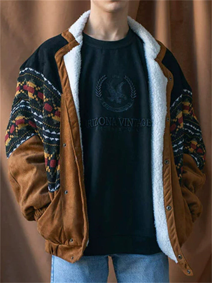 ‌Men's Brown Vintage Printed Suede Patchwork Fleece Lined Jackets