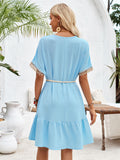 Women's Bohemian Lace V Neck Short Sleeve Ruffled Dress with Waistband