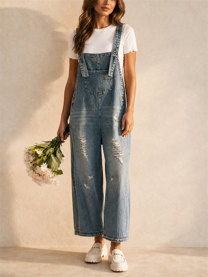 Women Vintage Baggy Wide Leg Distressed Denim Cropped Overalls